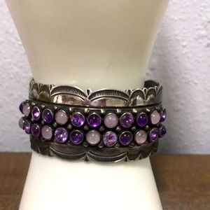 vintage sterling designer El Tom purple stone native american cuff bracelet